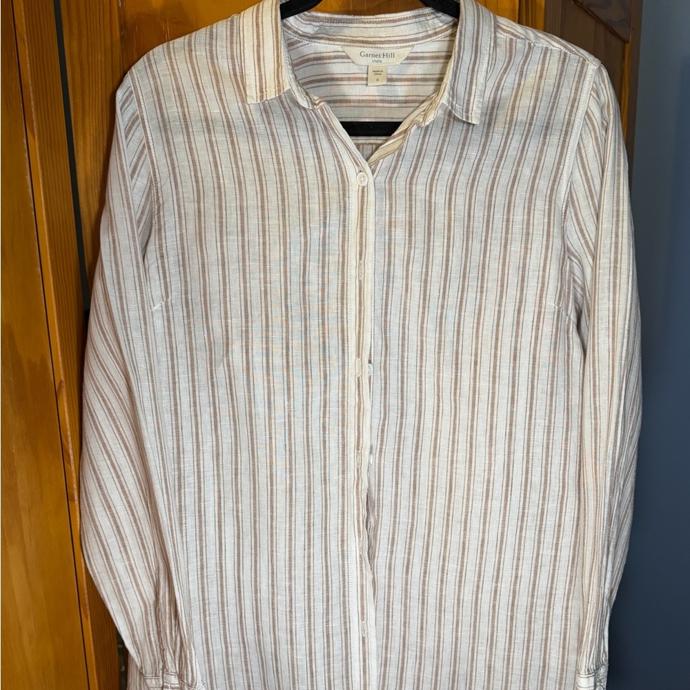 Garnet Hill Striped Linen Tunic-Length Shirt in Cream and Brown. Size S.